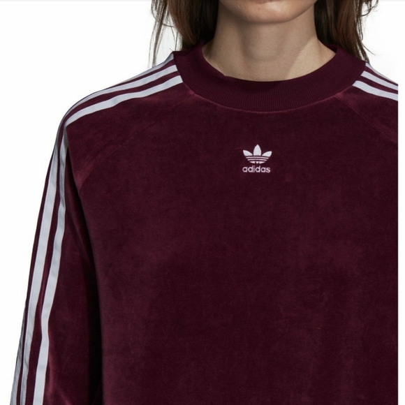 Adidas Velour Crew Neck Maroon Trefoil Sweatshirt Size M - Picture 4 of 12